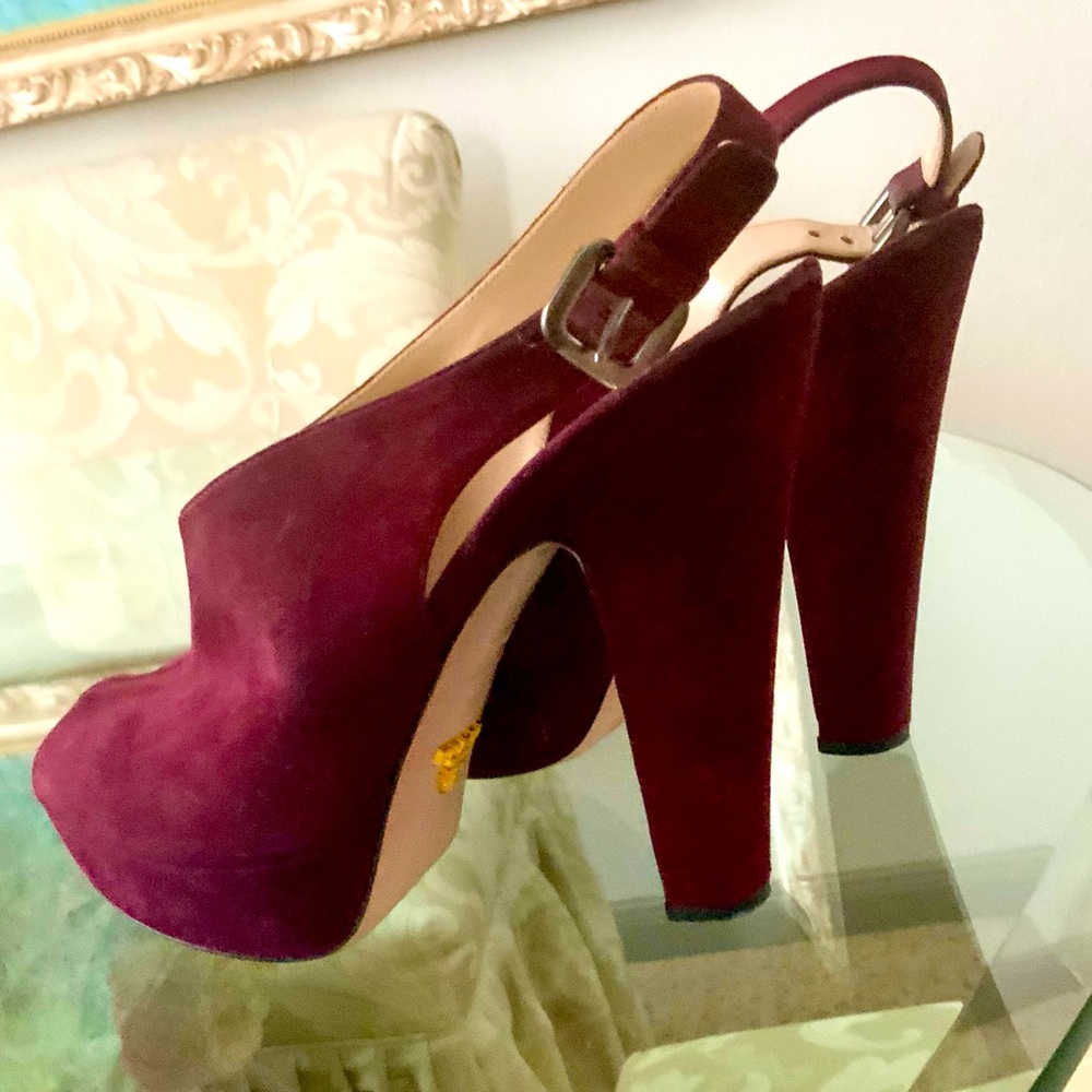 Prada Vintage Burgundy Suede Peep Toe Heels – Size 39